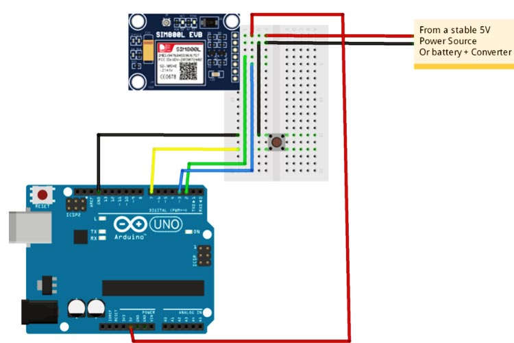 Arduino SIM800L GSM模块电路连接图